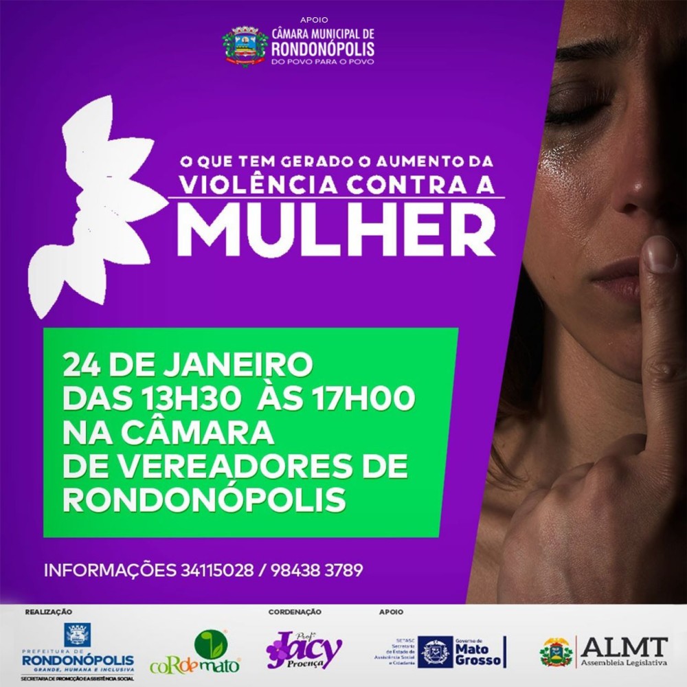 Violência contra a Mulher será tema de palestra na Câmara de Vereadores de Rondonópolis